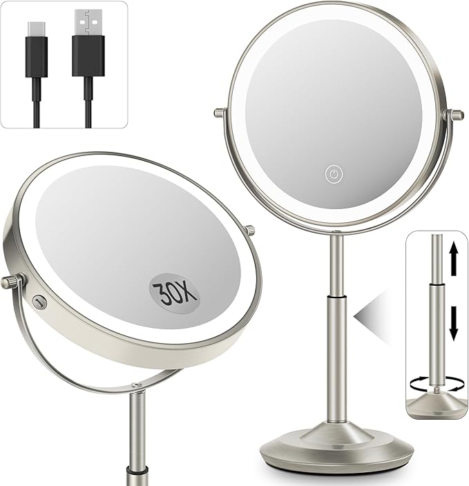 vpu Makeup Mirror with Lights, 1X/30X Lighted Magnifying Mirror Height Adjustable, 3000mAh Rechargeable Double Sided Vanity Mirrors with 3 LED Lighting and Adjustable Brightness for Desk Women Gift