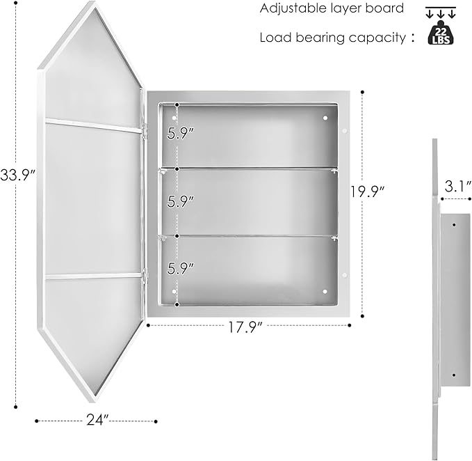 SogesHome Bathroom Medicine Cabinet with Mirror, Hexagon Mirror with 3-Tier Cabinet, Stainless Steel Frame and 2 Shelves for Bathroom, Bedroom, Entryway, Silver