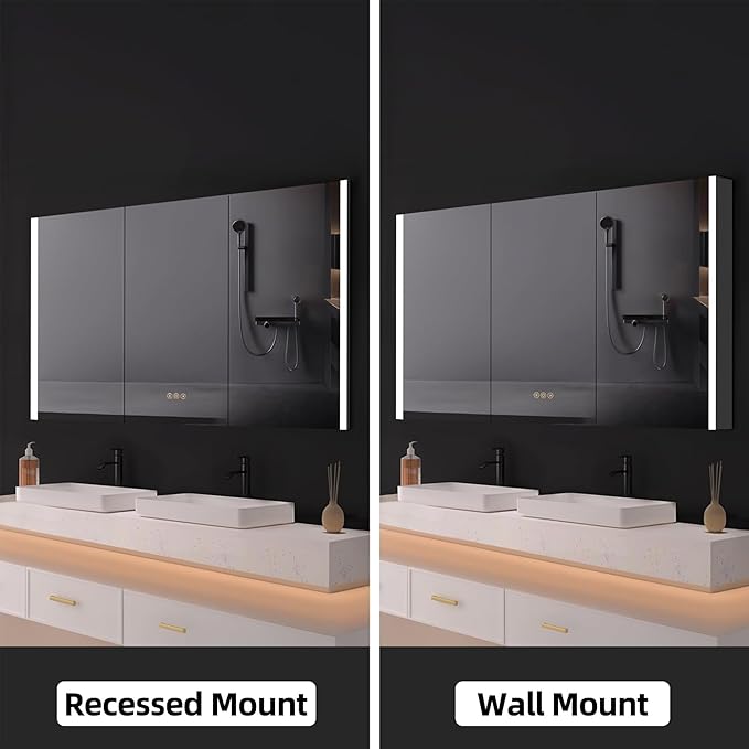 Medicine Cabinet with LED Lights and Mirror, 60 x 32 Inch Surface or Recessed Mounted Bathroom Cabinets with Door, Defogger, Memory Function, 3-Color Mode, Outlet&USB, Dimmer, Storage Shelf