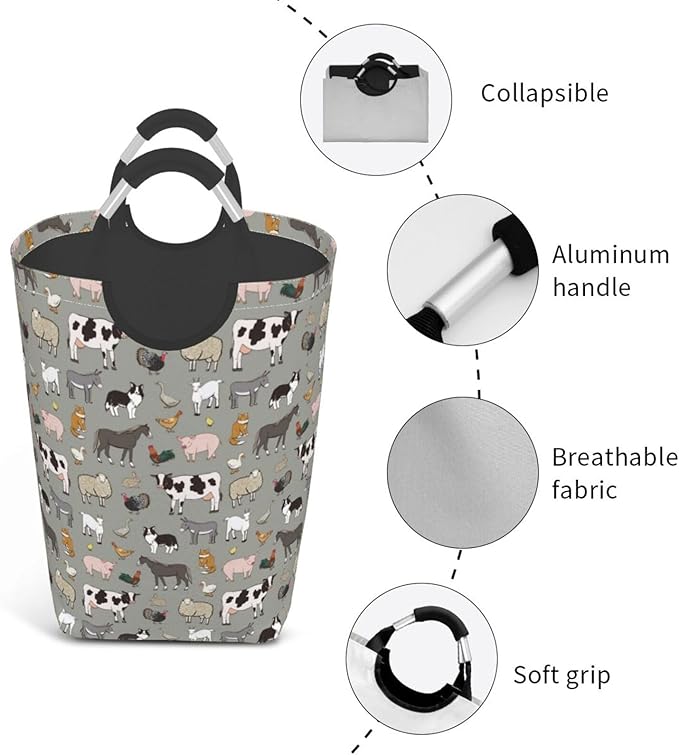 Farm Animals Laundry Basket Cow Foldable Laundry Hamper Pig Collapsible Laundry Baskets with Handles Clothes Hamper Laundry Tote Bag for Dorm Family Storage Bin 50L
