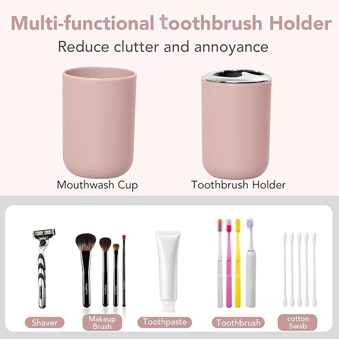 Matte Pink Bathroom Accessories Set, 4 Piece Plastic Bathroom Toothbrush Holder Set, Include Soap Dispenser, Toothbrush Holder, Rinse Cup, Soap Dish, Boho Pink Bathroom Decor for Home, Bathroom Set
