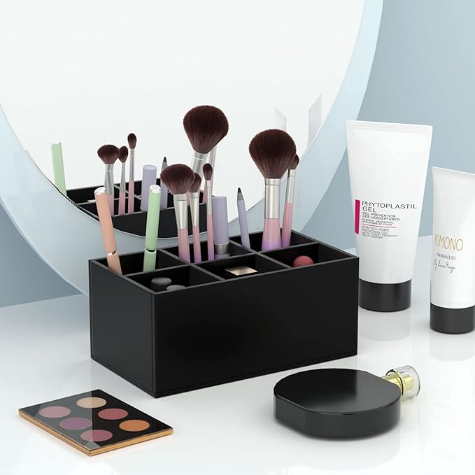 HIIMIEI Black Makeup Brush Holder Organizer Acrylic 6-Slots Cosmetic Brushes Storage Organizer for Vanity Countertop