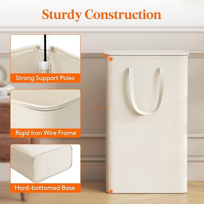 Lifewit 65L Slim Small Laundry Hamper, Laundry Basket with Lid, Dirty Collapsible Clothes Storage with Easy Carry Extended Handles, Tall Hampers for Bedroom Laundry Room, White, 1 Pack