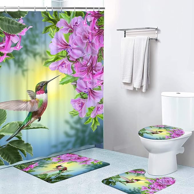 LOKMU 4 Pcs Shower Curtain Sets with Non-Slip Rugs, Toilet Lid Cover and Bath Mat,Hummingbirds and Flowers Waterproof Shower Curtain with 12 Hooks, Bathroom Decor Sets, 72" x 72"
