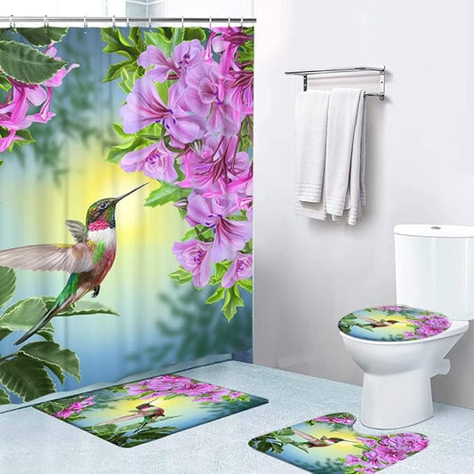 LOKMU 4 Pcs Shower Curtain Sets with Non-Slip Rugs, Toilet Lid Cover and Bath Mat,Hummingbirds and Flowers Waterproof Shower Curtain with 12 Hooks, Bathroom Decor Sets, 72" x 72"