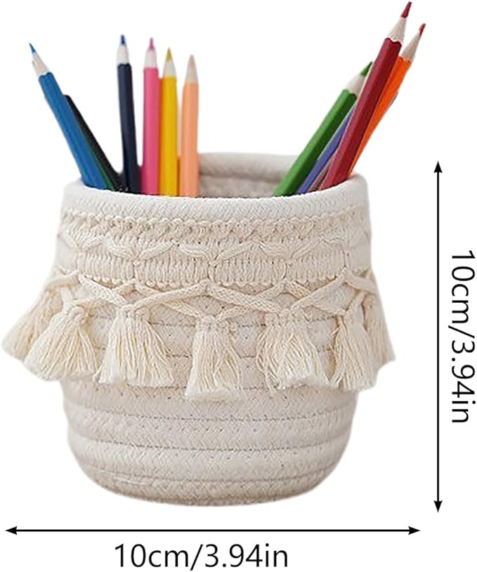 MSUIINT Macrame Makeup Brush Holder Organizer, Brushes Mini Storage Basket, Hand Woven Cotton Rope Basket, Boho Decor Baskets for Comb Cosmetics Pen Pencil Container (A)