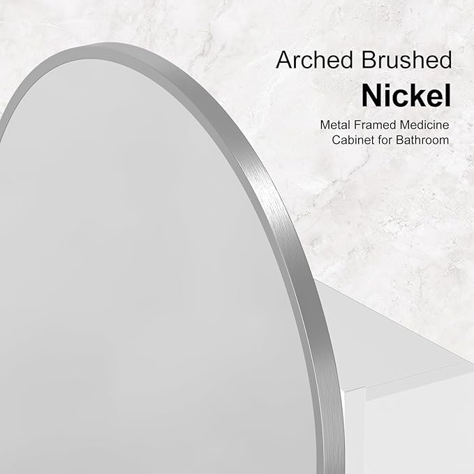 Recessed Medicine Cabinet for Bathroom,Brushed Nickel Arched Medicine Cabinet with Mirror,Arch Mirrored Medicine Cabinets Recessed,Bathroom Mirror with Storage,Open from Left to Right 20x30