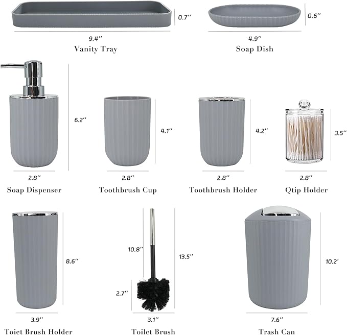 Grey Bathroom Accessories Set with Shower Curtain, Trash Can, Lotion Soap Dispenser, Soap Dish, Toothbrush Holder, Toothbrush Cup, Toilet Brush Holder and Tray for Bathroom Decor