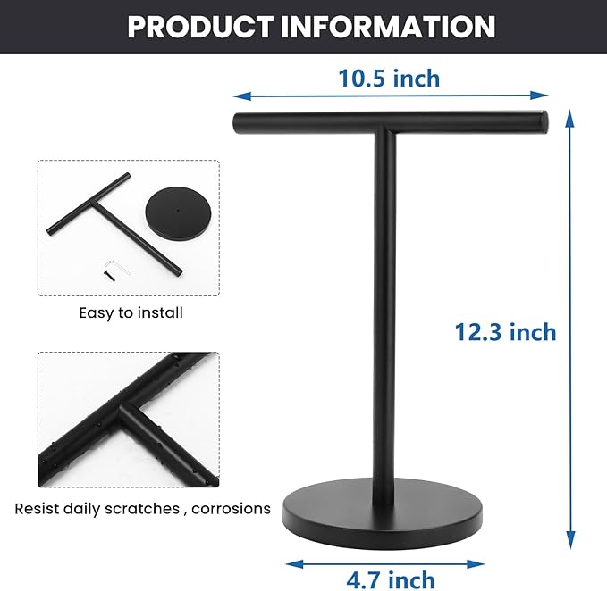 T-Shape Bath Hand Towel Holder Stand, Stainless Steel Free Standing Hand Towel Rack, for Bathroom Kitchen & Countertop, Matte Black