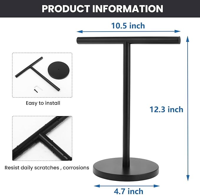 T-Shape Bath Hand Towel Holder Stand, Stainless Steel Free Standing Hand Towel Rack, for Bathroom Kitchen & Countertop, Matte Black, 2 Pack