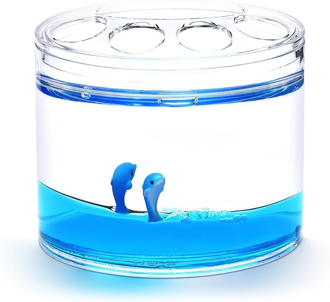 Locco Decor 5 Piece Acrylic Liquid 3D Floating Motion Bathroom Vanity Accessory Set Ocean Cartoon Animal Theme Dolphin Toothbrush Holder, Tumbler, Soap Dispenser, Soap Dish, Toiletbrush Holder Set