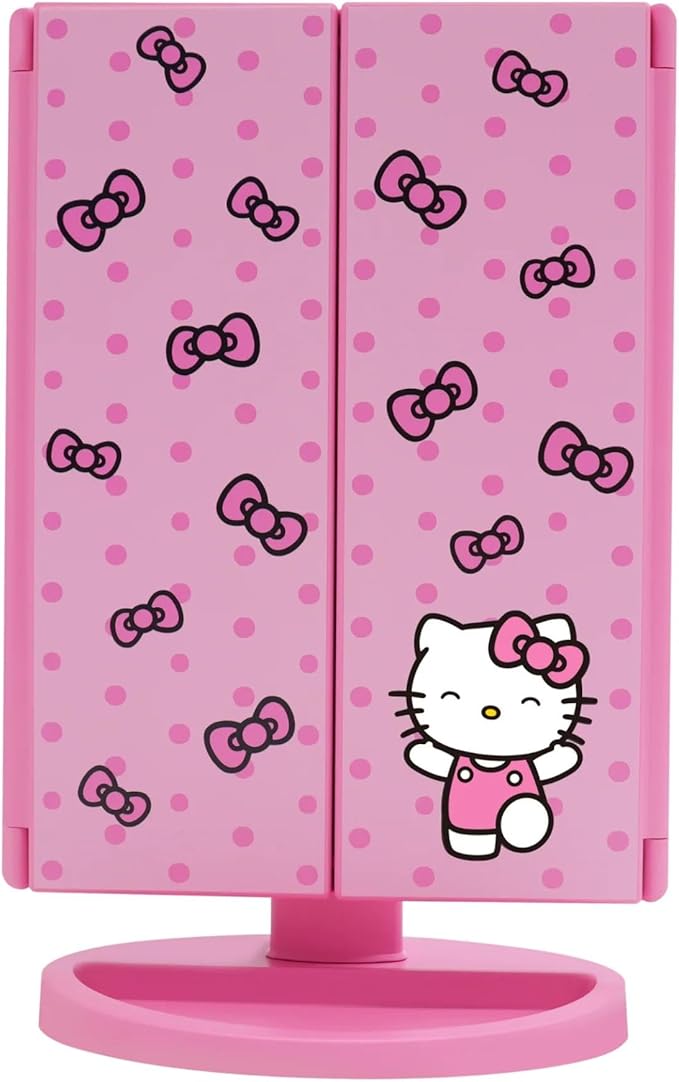 Impressions Vanity Hello Kitty Pink A Dot Trifold LED Makeup Mirror with Artwork, Vanity Mirror with Strip LED Tri Tone Light, Dual Magnification Touch Sensor, and Adjustable Tilt, Catchall Storage