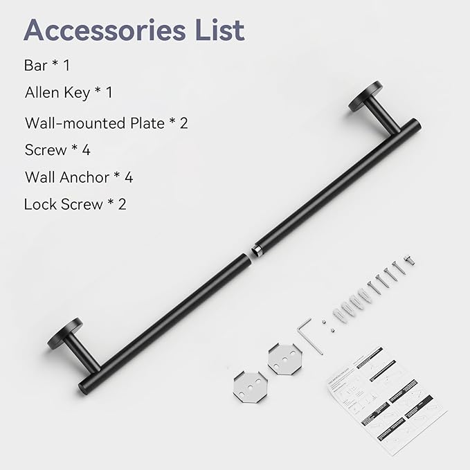 Matte Black Towel Bar, 26 Inch Towel Racks for Bathroom Useable Length 24 Inch Wall-Mounted, Bathroom Towel Rod Holder SUS304 Stainless Steel
