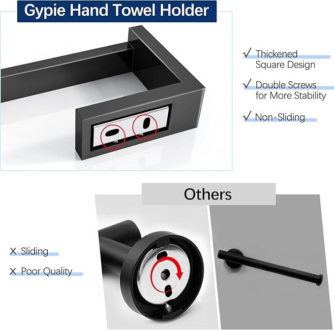 Gypie Hand Towel Holder for Bathroom Wall 2 Pack -Modern Towel Ring Square Hidden Mount with Dual Screws, Anti-Slip End, Stainless Steel, Matte Black