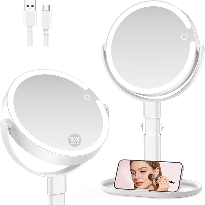 Lighted Makeup Mirror with 10X Magnification, Rechargeable LED Magnifying Vanity Mirror with 3 Lights, Adjustable Height, Storage Base and Phone Holder, White, 8 inch