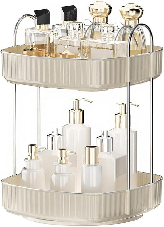 YCIA&DONE 360 Rotating Makeup Organizer for Vanity, 2 Tiers New Square Shaped Cosmetics Skincare Bathroom Organizers Countertop, Perfume Stand Counter Tray, Warm White