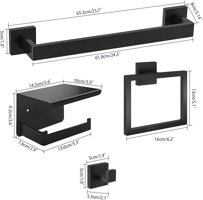 24 Inch Bathroom Hardware Set, 5-Pieces Matte Black Bathroom Accessories Set, Stainless Steel Towel Rack Set, Towel Bar, Towel Hooks, Updated Toilet Paper Holder with Shelf Wall Mounted
