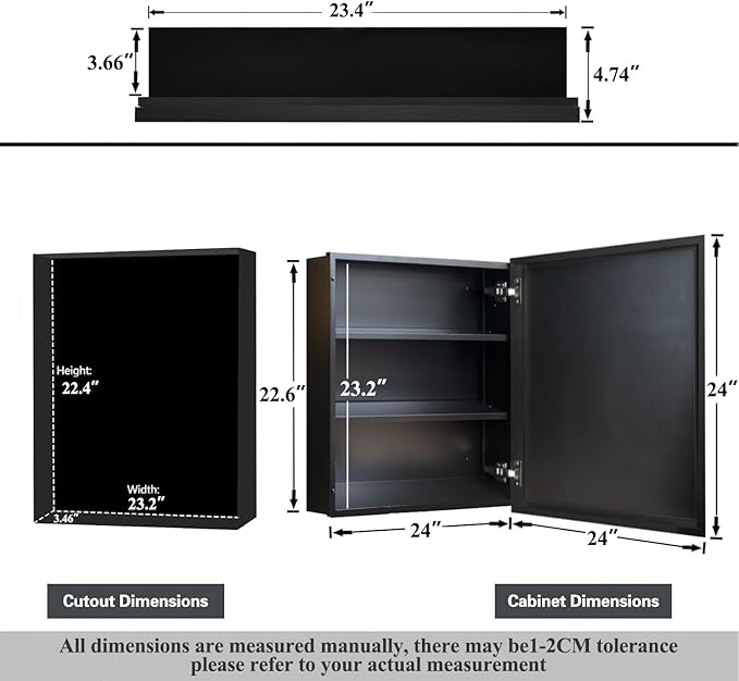 Bathroom Medicine Cabinet with MirrorSurface Mount Vanity Mirror Cabinet, Single Door Cabinet Famerhouse Bathroom with Storage (Brush Black, 24x24 Inch)