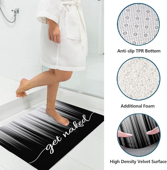 AAtter 4 Piece Black and White Shower Curtain Set Get Naked Grey Silver Ombre Abstract Striped 60Wx72L Curtains Decor with Non-Slip Rugs, Toilet Lid Cover and Bath Mat Bathroom Accessories, Modern