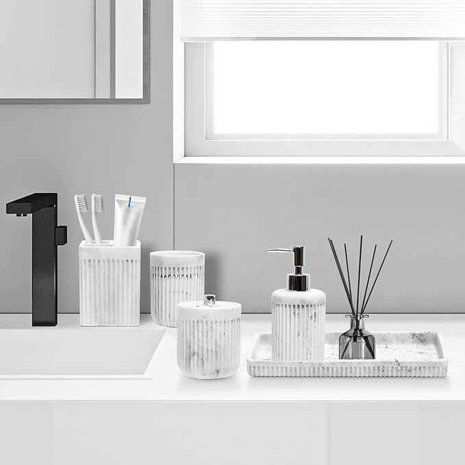 XLHOMO Resin White Marble Bathroom Accessories Set 5 Pcs, Lotion Soap Dispenser, Toothbrush Holder, Bathroom Tumbler, Qtip Holder and Vanity Tray, Bathroom Countertop Organizer Set for Home Apartment