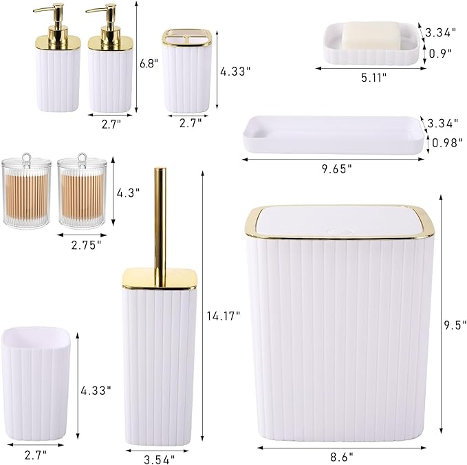 XLHOMO Bathroom Accessories Set - Gorgeous Bathroom Set, 10PC White Bathroom Accessory Set, Toilet Brush, Trash Can, Qtip Holder Dispenser & Soap Dispenser