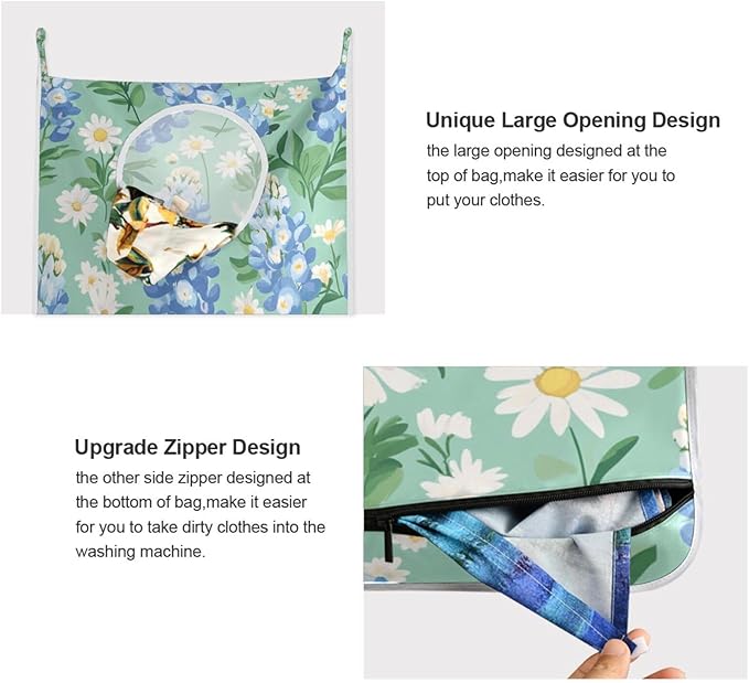 Mint Green Bluebonnet and Daisies Hanging Laundry Hamper Door Hampers Bag Basket with Stainless Steel Hooks Oxford Fabric Printing Decorative Clothes Bags 29.5X20inch 2Pack
