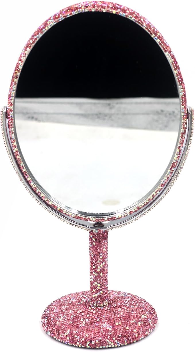 Bling Bling 6-Inch Double-Sided Tabletop Makeup Mirror, Oval Metal Makeup Mirror with 1:2 Magnifying Mirror, Rotating Mirror for Vanity (Pink)