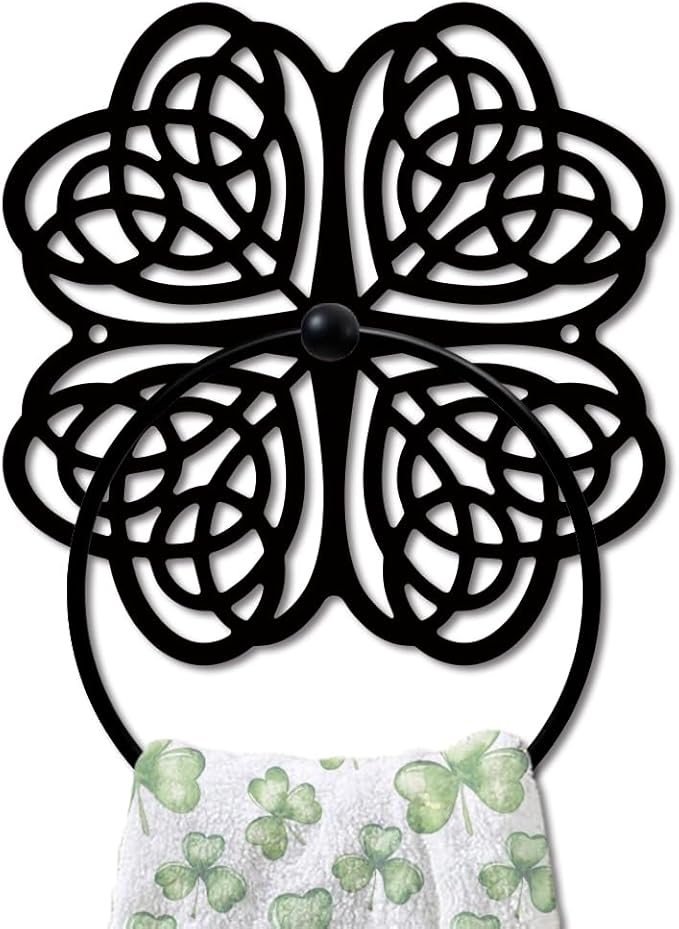 MAYJOYDIY Four Leaf Clover Metal Towel Ring Saint Patrick's Day Style Towel Holder Bath Towel Ring Black Art Towel Rack Wall Mounted for Bathroom Kitchen Towel Hanger Home Decors Gift