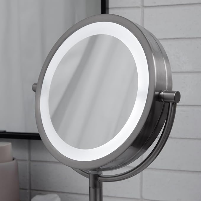 JERDON Lighted Tabletop Mirror with 10X/1X Magnification - LED Lighted Makeup Mirror with Multiple Light Settings in Nickel Finish - 8.5-Inch Diameter Vanity Mirror - Model JS8510BN
