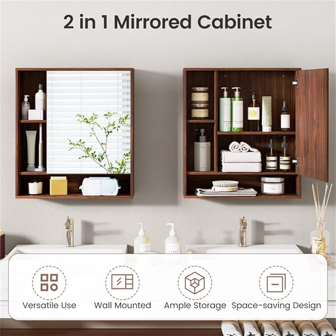 Space Saving Medicine Cabinet, Mirrored Bathroom Wall Cabinet with Hidden Storage Shelves, Walnut Finish Vanity Organizer, Medicine Cabinet with Hidden Storage, Space Saving Organizer for Bathroom