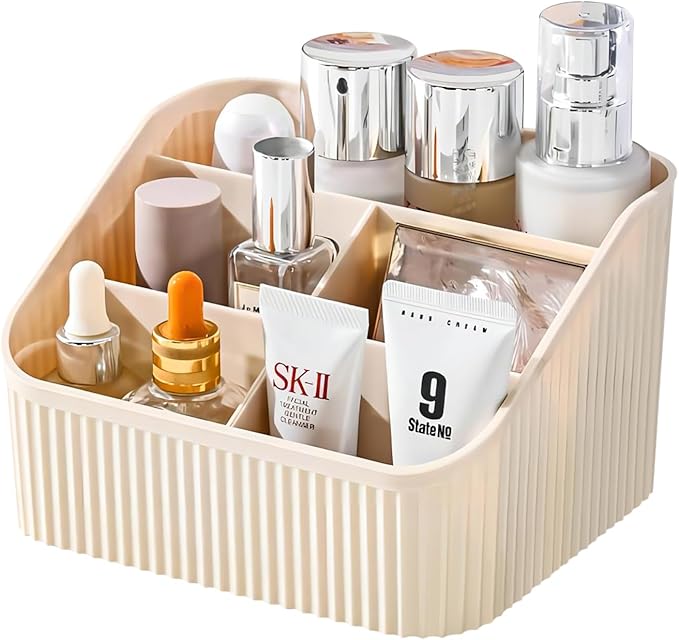 DASITON Large Capacity Makeup Brush Holder,5 Slot Makeup Brush Cup,Vintage striped Make Up Brush Holder,for Vanity Decor,Bathroom Countertops,Desk Storage Container,Cosmetic Display cases(Cream)