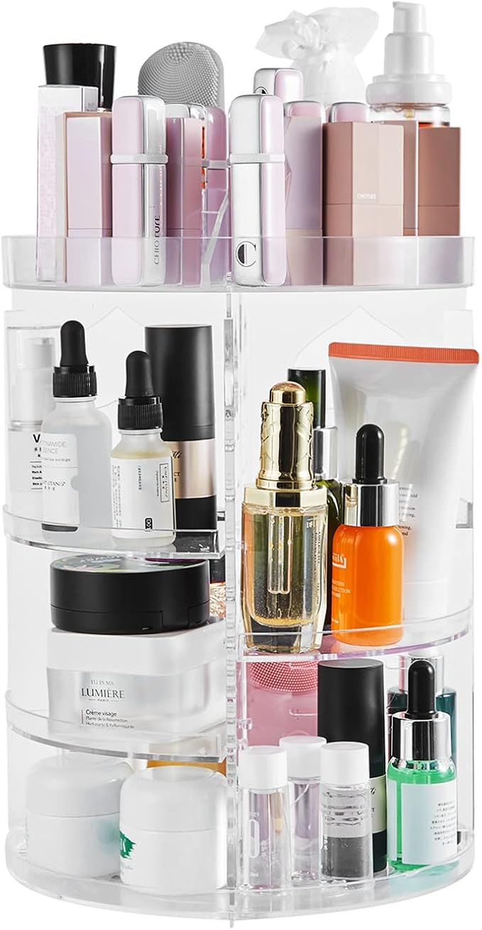 DOZZZ 360 Rotating Makeup Organizer with DIY Adjustable Layers, Spinning Skincare Perfume Cosmetic Organizer with Brush Holder, Round Carousel Storage Display Case for Bathroom Countertop Vanity Clear