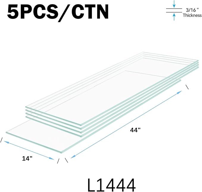 14" x 44" 5-PCS Tempered Glass Shelf, Rectangular Frameless Glass Shelves - 3/16" Thick, Suitable for Bookshelves, Display Cases, Retail Fixtures and Tabletops