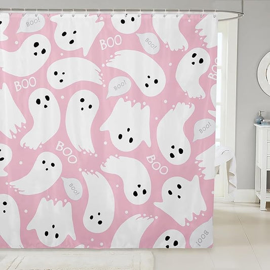 Feelyou Pink Halloween Bath Curtain 72"x84" Cartoon Pink Ghost Shower Curtain for Kids Kawaii Cute Bathroom Shower Curtain Set Polyester Kids Bathroom Accessories