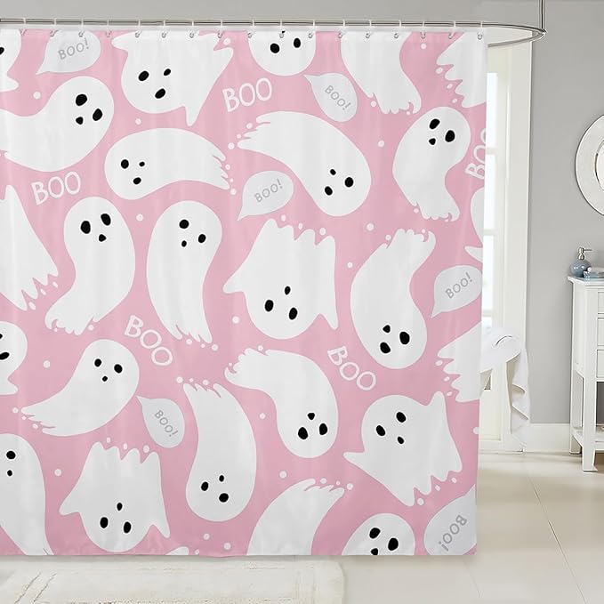 Feelyou Pink Halloween Bath Curtain 72"x78" Cartoon Pink Ghost Shower Curtain for Kids Kawaii Cute Bathroom Shower Curtain Set Polyester Kids Bathroom Accessories
