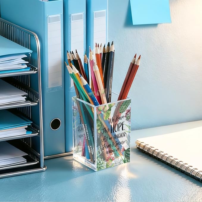 We Have This Hope As An Anchor Firm & Secure Acrylic Pencil Holder Cup, Bible Verse Inspirational Pen Holder for Home Desk, Hebrews 6:19 Christian Gifts for Women Girls, Makeup Brush Organizer