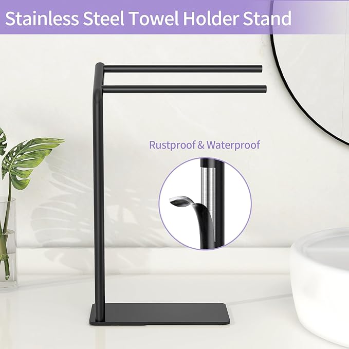 LSK Hand Towel Stand, Black Bathroom Towel Holder Stand, Curved F-Shaped Countertop Towel Stand with Heavy Base, 16.6 Inch
