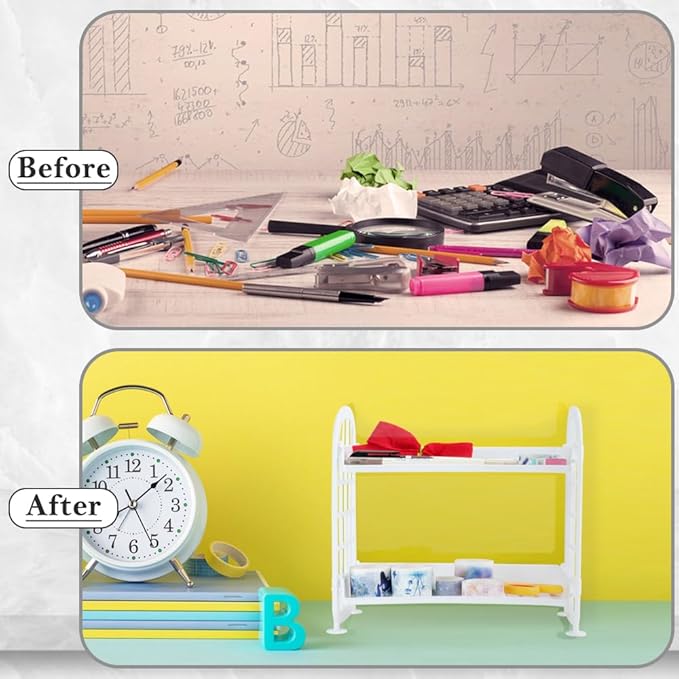 Desktop Rack Cosmetic Stationery Storage Holder, 2-Tier Multifunctional Plastic Shelf Makeup Organizer for Skincare Office Kitchen Bedroom Bathroom Home (White)