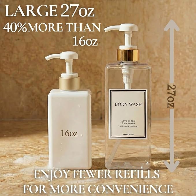 Modern Gold Design Shampoo and Conditioner Dispenser, Large 27oz Shower Soap Dispenser, Set of 3 Refillable Empty Plastic Pump Bottles for Bathroom, 6 Waterproof Labels Included, (Clear & White)