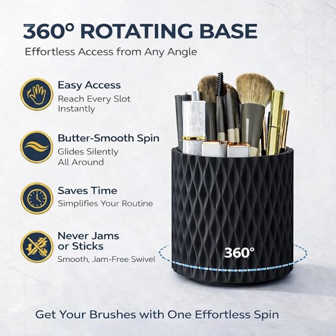 Makeup Brush Holder Organizer, 360?? Rotating 5-Slot Make up Brushes Cup for Cosmetic, Lipstick, Hair Brush Holder - Spinning Vanity Countertop Caddy for Bathroom, Dorm & Office, Black