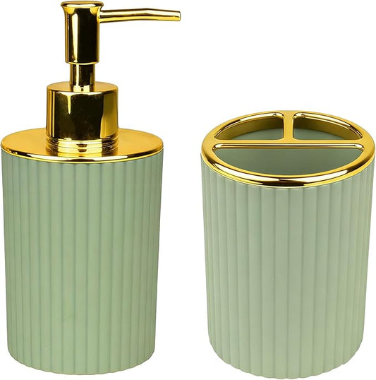 Bathroom Accessories Set, 2-Piece Green & Gold Soap Dispenser & Toothbrush Holder, Modern ABS Vanity Organizer for Countertop, Minimalist Bathroom Decor