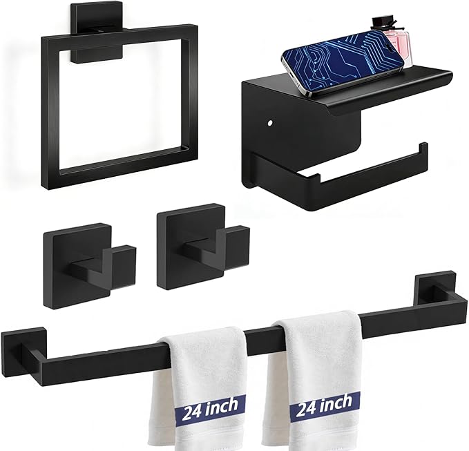 24 Inch Bathroom Hardware Set, 5-Pieces Matte Black Bathroom Accessories Set, Stainless Steel Towel Rack Set, Towel Bar, Towel Hooks, Updated Toilet Paper Holder with Shelf Wall Mounted