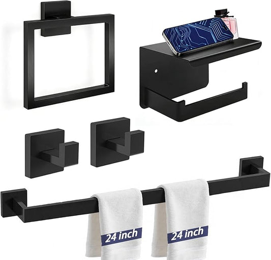 24 Inch Bathroom Hardware Set, 5-Pieces Matte Black Bathroom Accessories Set, Stainless Steel Towel Rack Set, Towel Bar, Towel Hooks, Updated Toilet Paper Holder with Shelf Wall Mounted