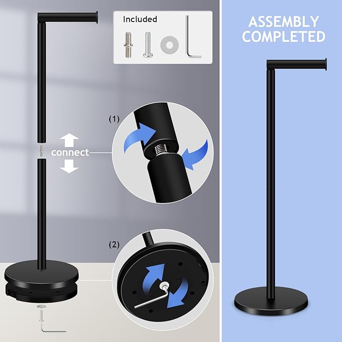 TACGEA Toilet Paper Holder Stand, Bathroom Toilet Paper Roll Holder Stainless Steel Free Standing, Storage for 4 Rolls of Paper, Black Set of 2