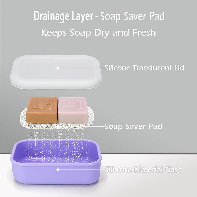 AIDIMMING Enhanced Leakproof Silicone Travel Shampoo bar Holder, Shampoo and Conditioner Bar Container, Soap Box for Handmade Soap, Shatterproof Soap Holder for Save Soap (Clear&Violet)