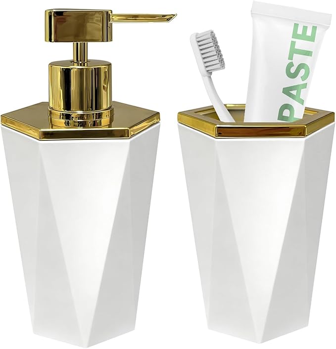 2 PCS White and Gold Bathroom Accessories Set, Bathroom Accessories Include Soap Dispenser and Toothbrush Holder, Morden Bathroom Décor, Bathroom Sets Accessories