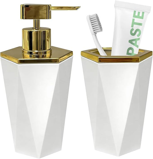 2 PCS White and Gold Bathroom Accessories Set, Bathroom Accessories Include Soap Dispenser and Toothbrush Holder, Morden Bathroom Décor, Bathroom Sets Accessories