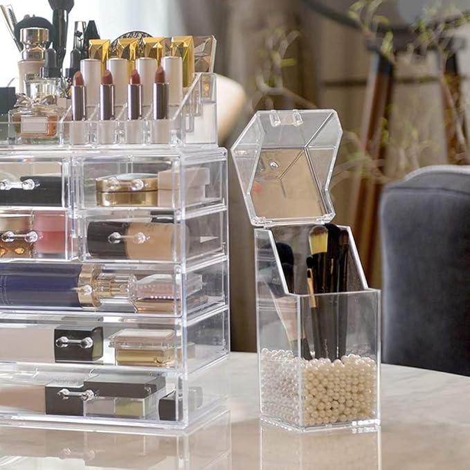 EUBUY Acrylic Makeup Organizer, Clear Cosmetic Makeup Brush Organizer and Storage Box with Cover for Vanity, Large-capacity Quickly Organize the Desktop(No pearls)