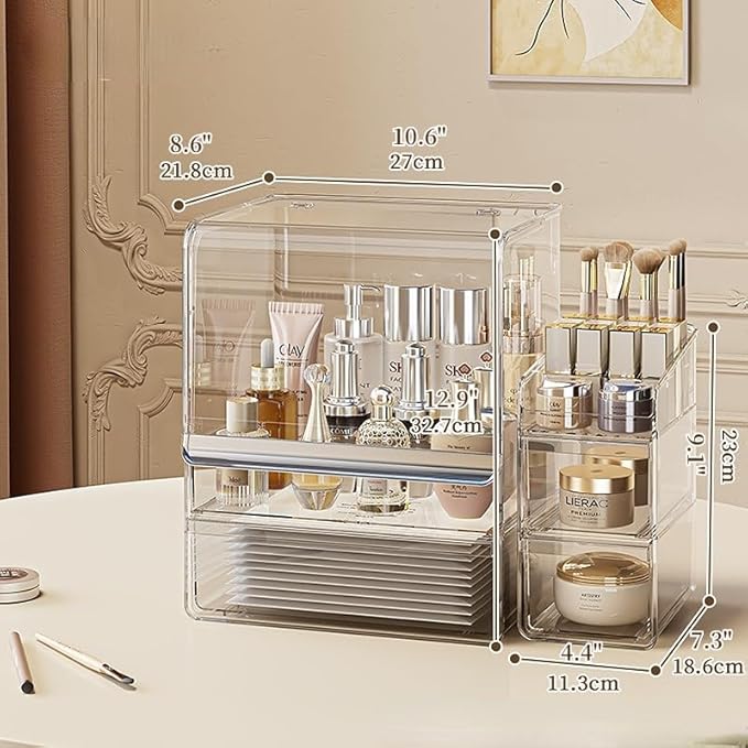 Makeup Organizer with Lid Drawers Translucent Skincare Holder Large Capacity Cosmetics Countertop Storage Box for Vanity Easy Visibility Dustproof (Gold Clear,Large + Brush Holder)
