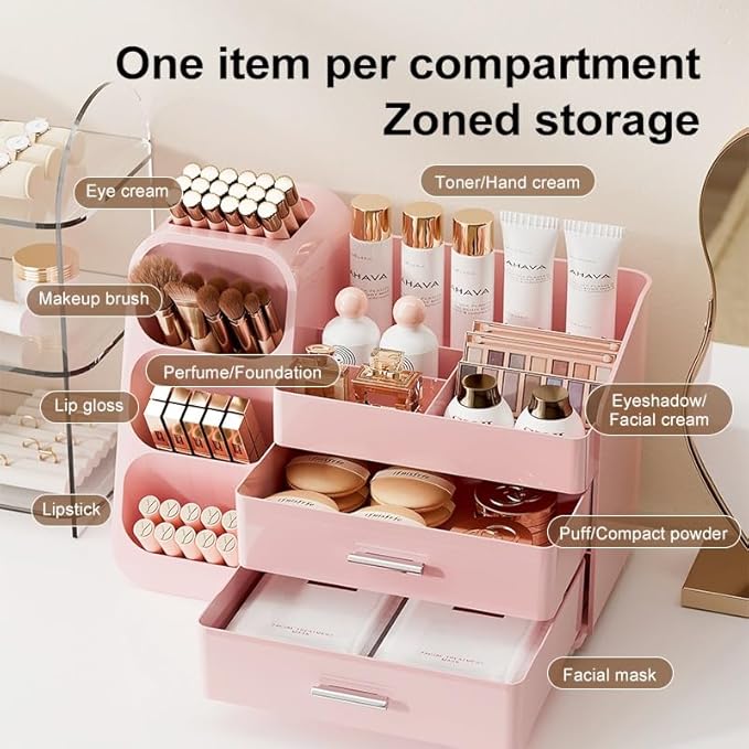 Makeup Organizer for Vanity, Large Capacity Cosmetic Display Case with Drawers, Countertop Beauty Storage Holder for Skincare, Brush Eyeliner Perfume Eyeshadow Lipsticks, Counter Desk, Pink